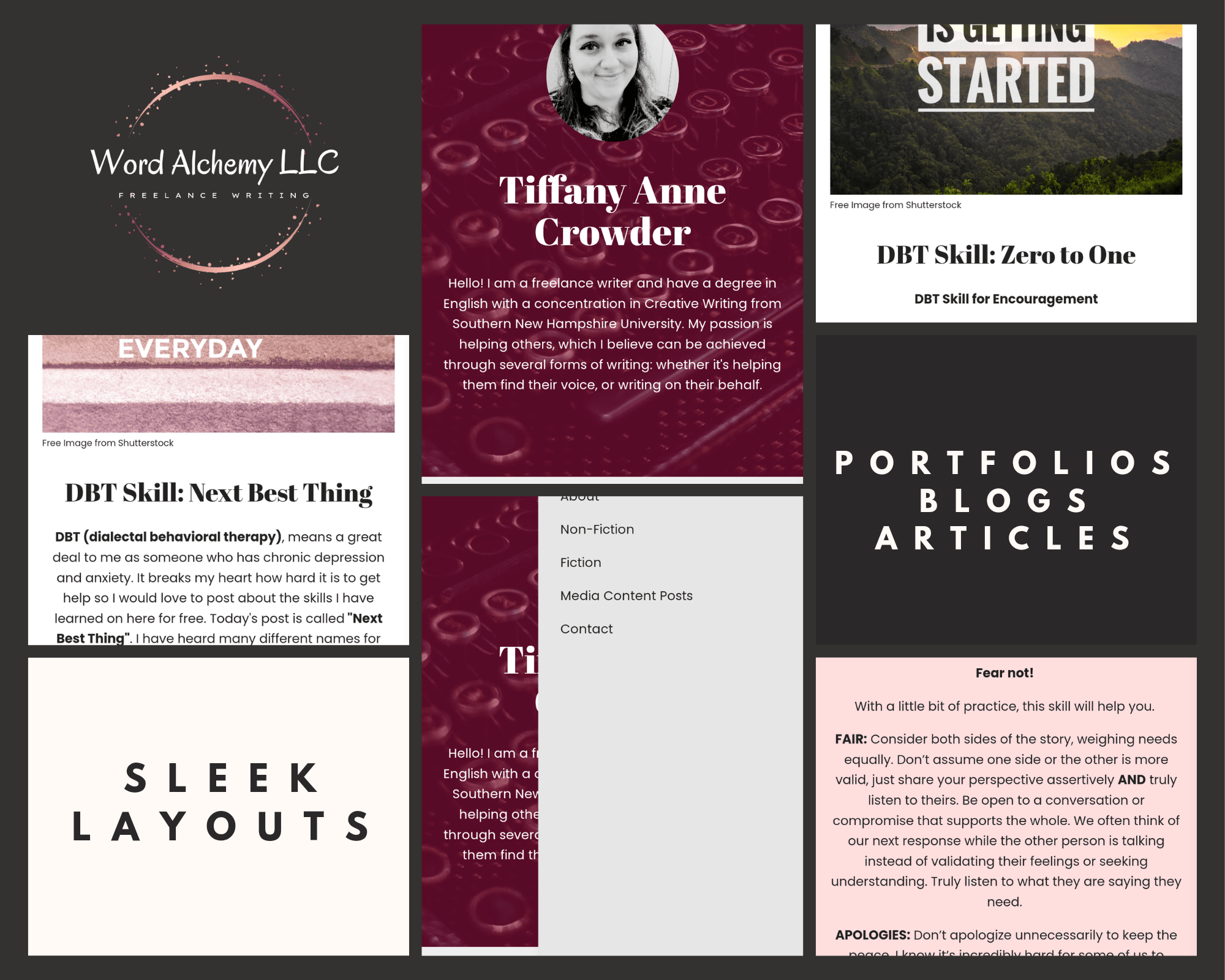 Photo containing a collage of layout pictures, including the websites Journo Portfolio and Web.com. It also showcases diverse menu layouts for the same sites