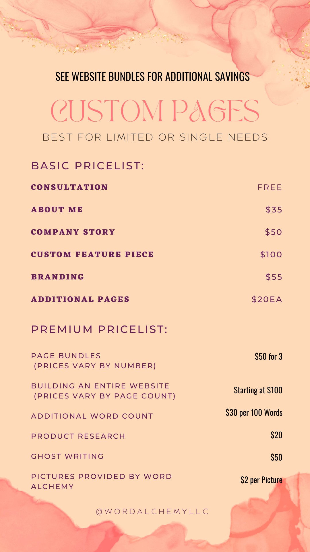 Image contains price points for various packages and a la carte services. For additional help, please feel free to reach out for a free consultation