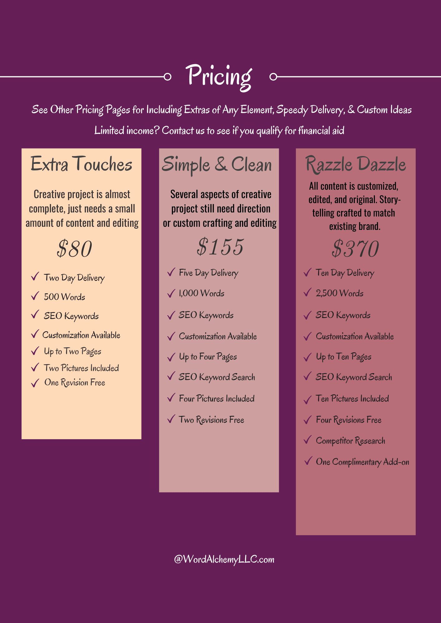 Image contains price points for various packages and a la carte services. For additional help, please feel free to reach out for a free consultation