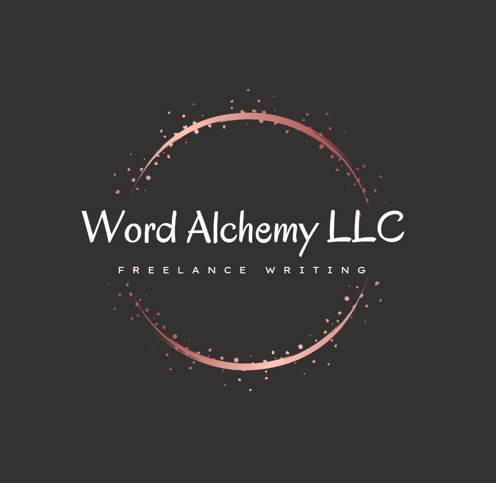 Word Alchemy logo is an image that contains the business name with "Freelance Writing" in a subheading. Words are surrounded by a pink circle and alchemy image