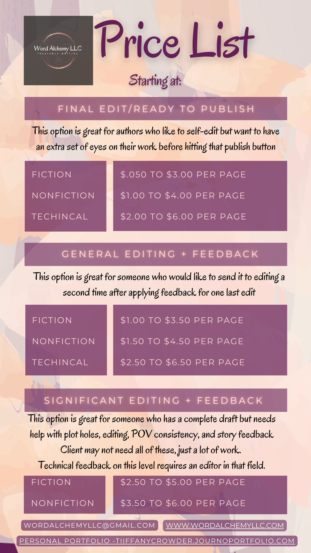 Image contains price points for various packages and a la carte services. For additional help, please feel free to reach out for a free consultation