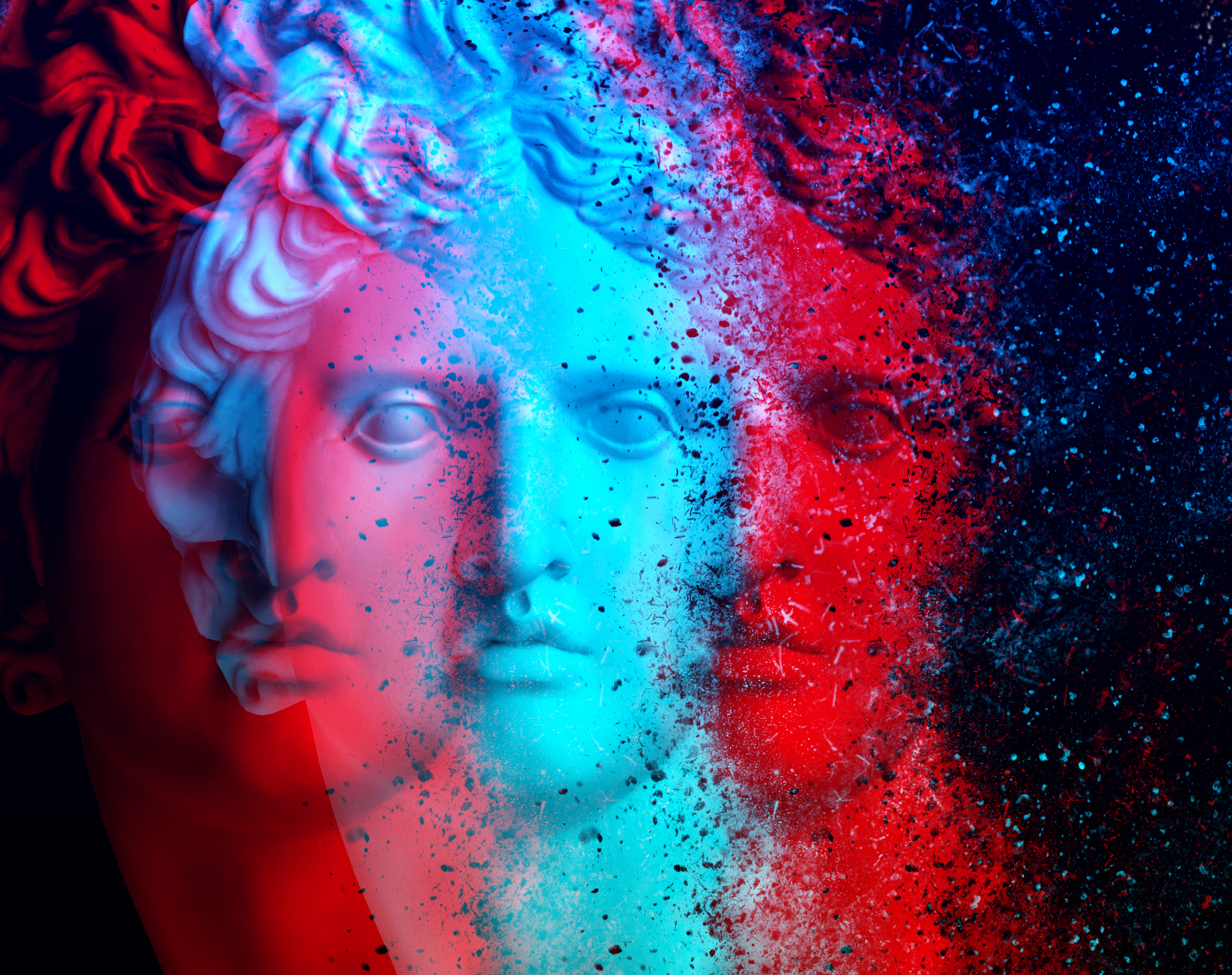 Greek statue split into three overlapping images in red and blue with black speckles on top.