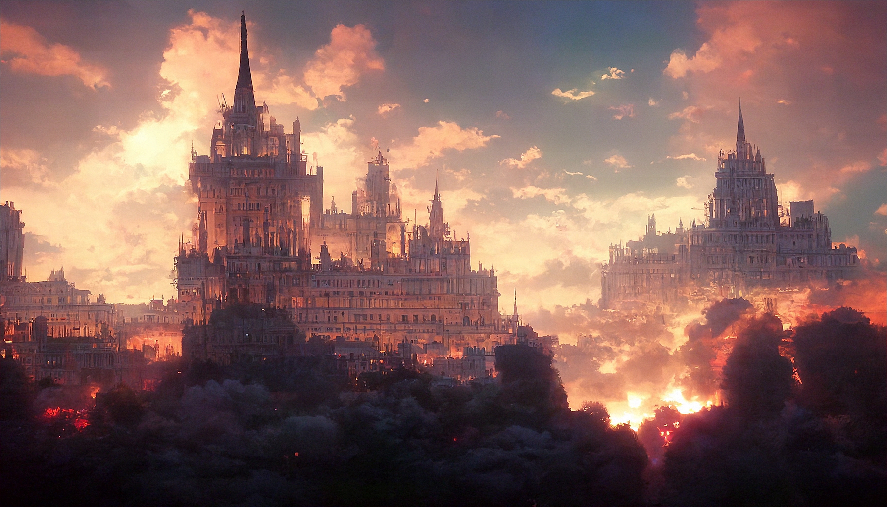 Image includes a castle in the clouds at sunset with a rose gold overlay