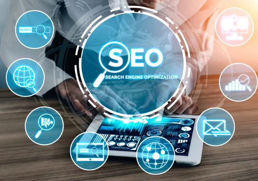 Image contains the words "SEO" in a circle at the center of the image. It is surrounded in coding with a person standing in the background on a tablet